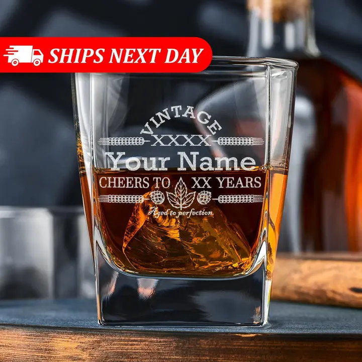 Personalized Birthday Whiskey Glass – Custom Engraved Name & Year Rocks Glass (11oz)