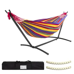 Brazilian Style Double Hammock Set,Double Hammock Set with Steel Stand,Double Cotton Hammock with Space Saving Steel Stand, Upgraded Polyester End Strings 450 lb Capacity - Premium Carry Bag Included Outdoor,fathersdaygifts backyard relaxation