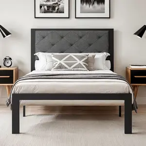 HOOMIC Twin/Full/Queen/King Upholstered Metal Bed Frame - 【Frame Only No Mattress】Finely Stitched Headboard in Faux Leather/Linen, Robust Noise-Free Design, Black/Dark Grey, #TikTokShopBacktoSchool