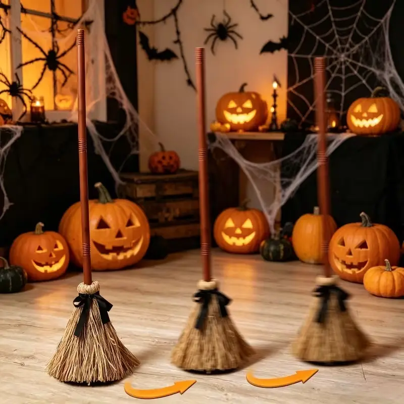 1pc Halloween Photo Prop – Levitating Witch's Broom (Battery-Operated): A dancing broom that emits eerie cackling laughter; a prop perfect for creating a spooky party atmosphere (requires AA batteries);