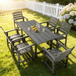 GIZOON 7-Piece HIPS Patio Dining Set with Umbrella Hole Grey Outdoor Table & 6 Chairs for 6 All-Weather Heavy-Duty Waterproof Year-Round Use Garden Backyard