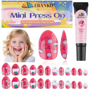 EBANKU 1 Pack Kid Fake Nail Kit, 24 Pieces Press on Nails for Kids Candy Press on Nail with Nail Glue, False Nail Kits for Girls 7-12Years