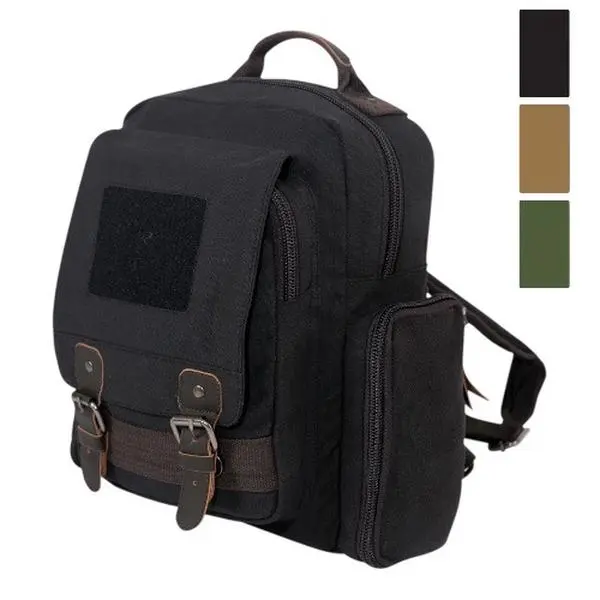 ROTHCO Unisex Vintage Plain Canvas Sling Backpack - Padded Adjustable Strap, Top Handle, 13-in Laptop Fit, Cow Hide Leather, Front Loop Field, 2 Large Side Pockets, Magnetic Closure, Machine Washable, DEHP-Free, Compact Backpack, Casual School Bag