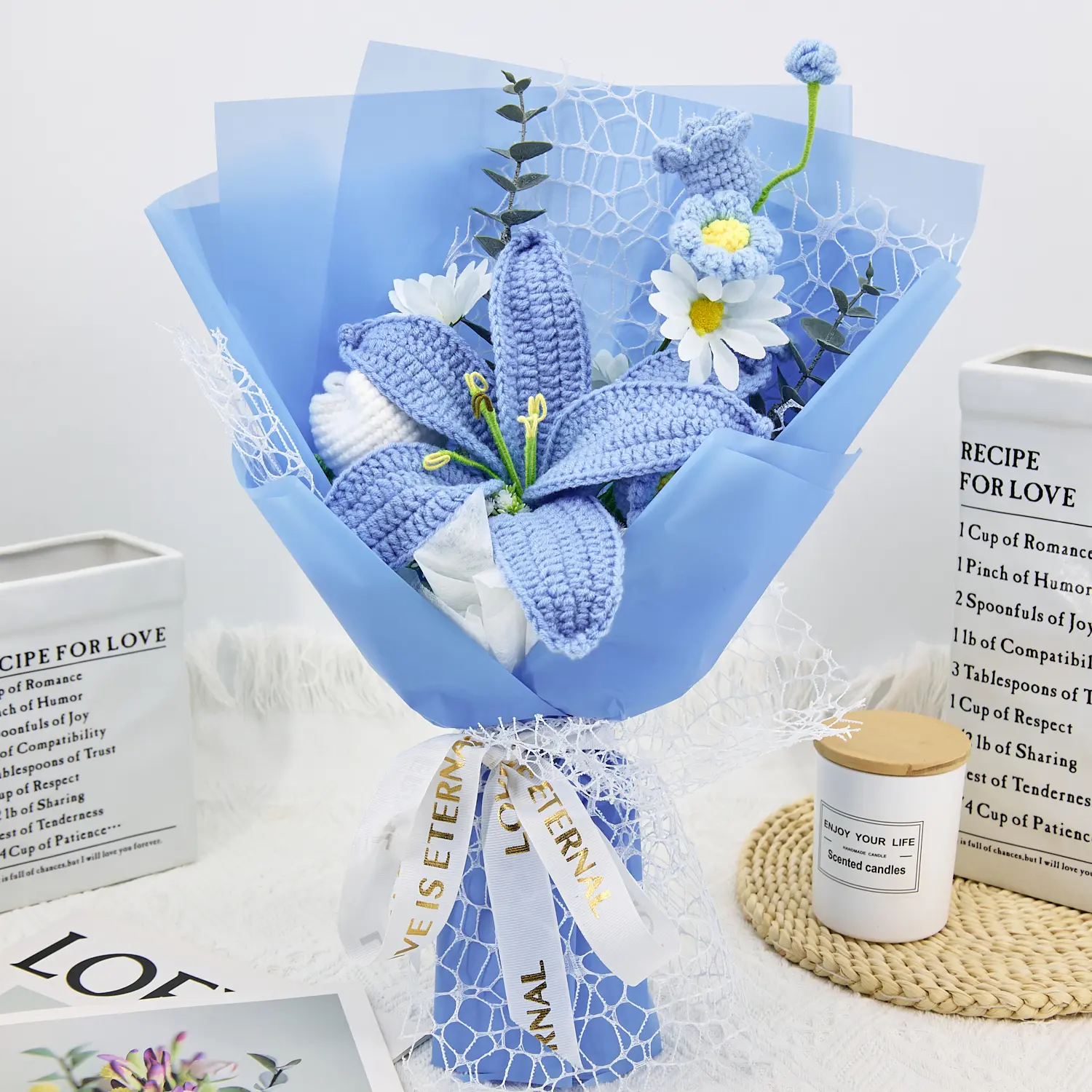 Handmade Crochet Flowers Bouquet Gift for Girlfriend Birthday Wedding Anniversary Just Because Graduation Gift with Lily Daisy Lily of the Valley Forever Flowers for Her with Greeting Card US Fast Shipping Elegant Multi Color Home Decor Women's Gift