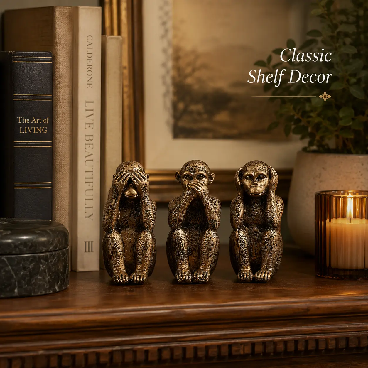 3 pcs Wise Monkeys Resin Figurines, Vintage Bronze Tone Home Decor for Living Room Shelf, Bookcase, Entryway and Office Desk, Small Housewarming Gift for Men, Coworkers and Monkey Lovers