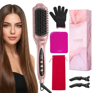 LANDOT Rose Gold Ionic Plastic Hair Straightener Brush - Ceramic Haircare Tool with 12 Adjustable Heat Settings (250-450°F), Dual Voltage, Ideal for Medium-Long Women's Hair, Daily Use Gift
