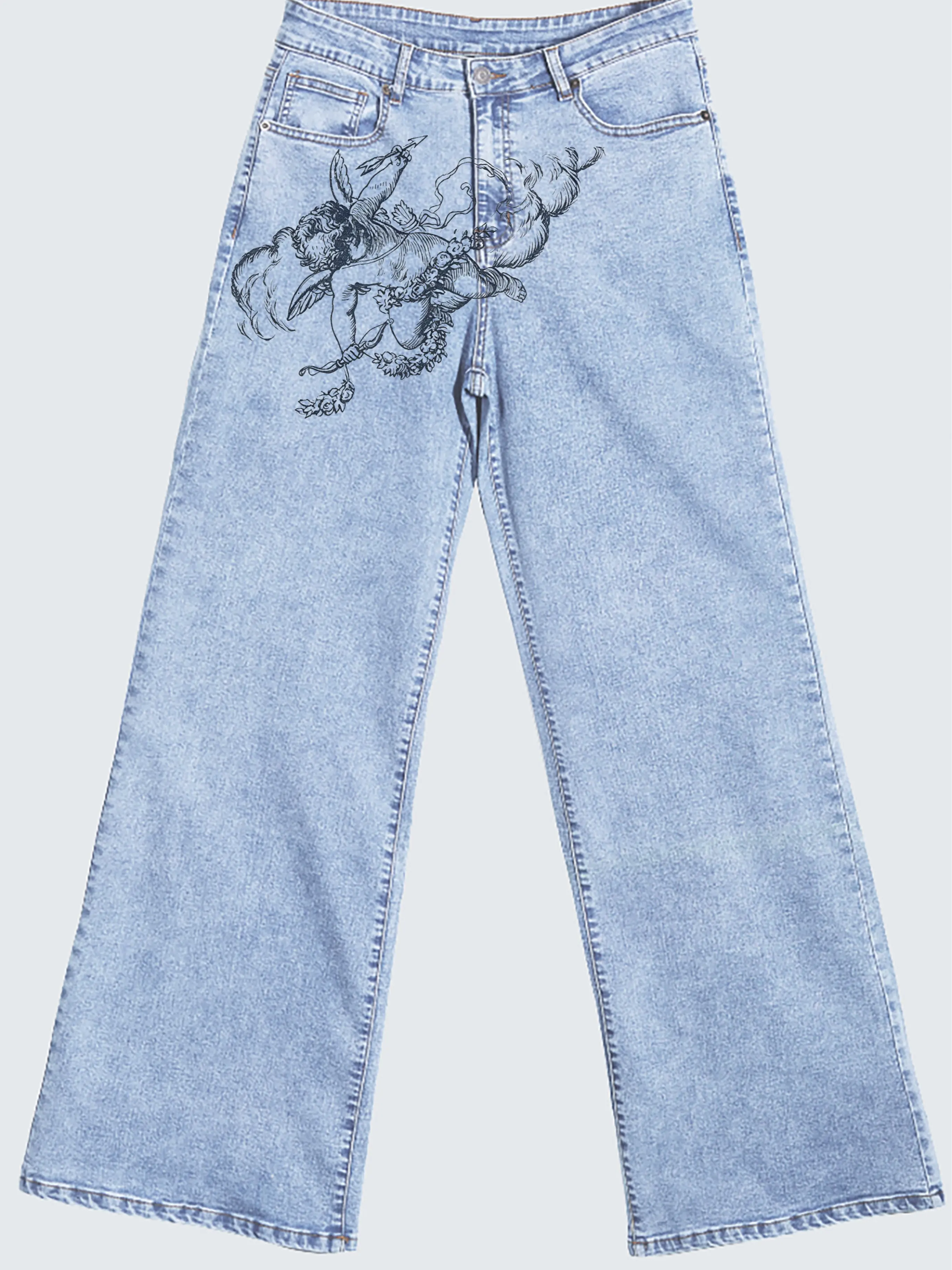 Women's High Waist Wide Leg Jeans with Retro Angel Drawing Graphic, Soft Thin Denim with a Comfy Drape, Summer Crop Style, Bottom, Printed