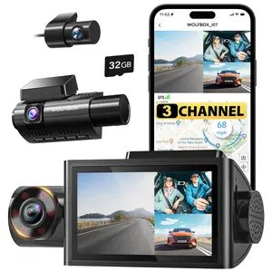 WOLFBOX i07 3 Channel Dash Cam Built-in WiFi GPS, 4K Dash Camera Front and Inside, 1440P+1080P+1080P Triple Car Camera with 3" LCD Screen, 32GB Card Included, IR Night Vision, 24H Parking Mode