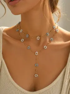 2pcs Gold Tone Daisy Flower Lariat Necklace Set, Pearl Layering Jewelry for Women