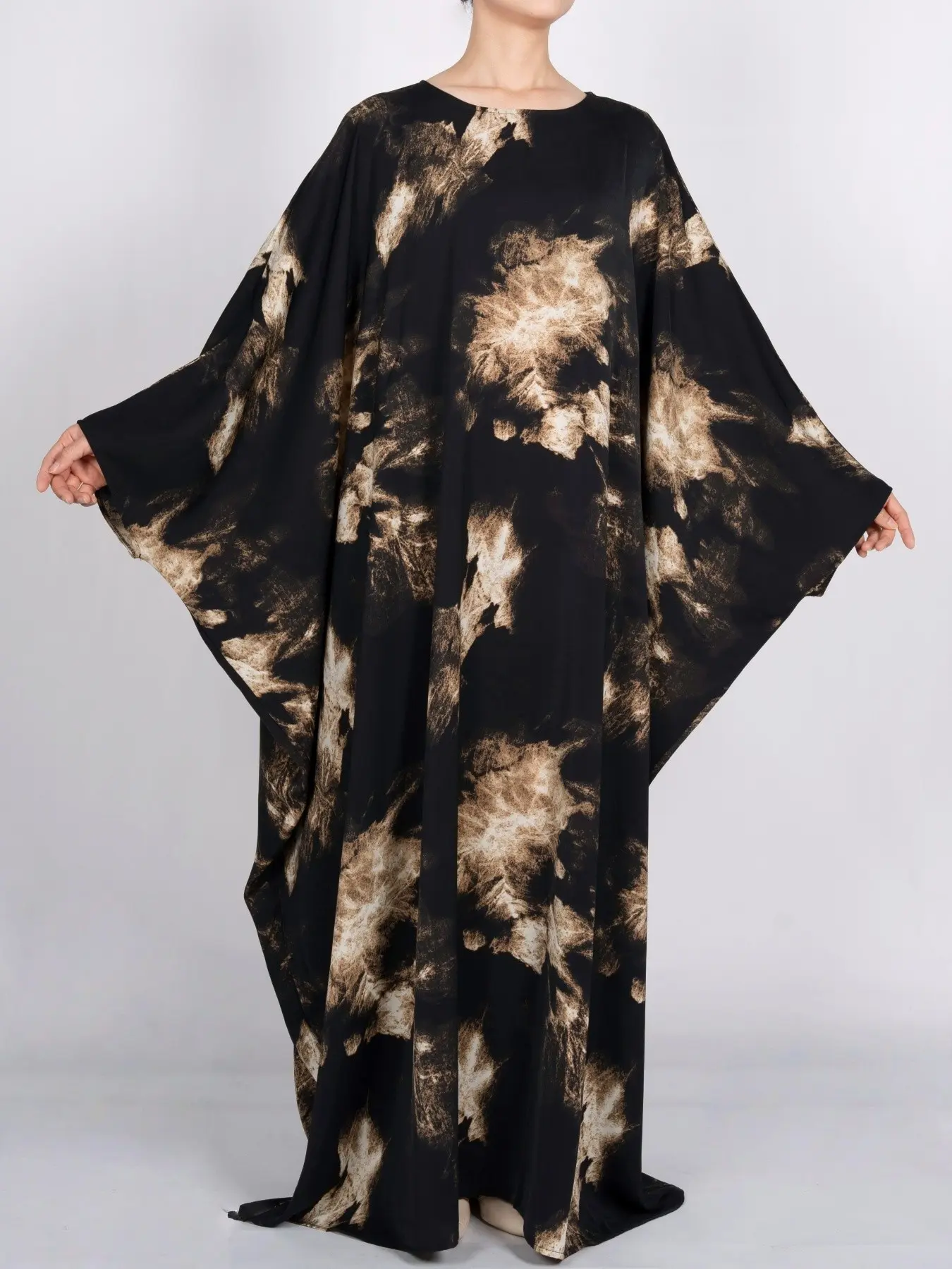 Plus Size Abaya Dress, Long Sleeve Maxi Tie Dye Round Neck Kaftan Caftans, All-Over Printed Belted Design, Loose Fit Modest Clothes Style for All Seasons
