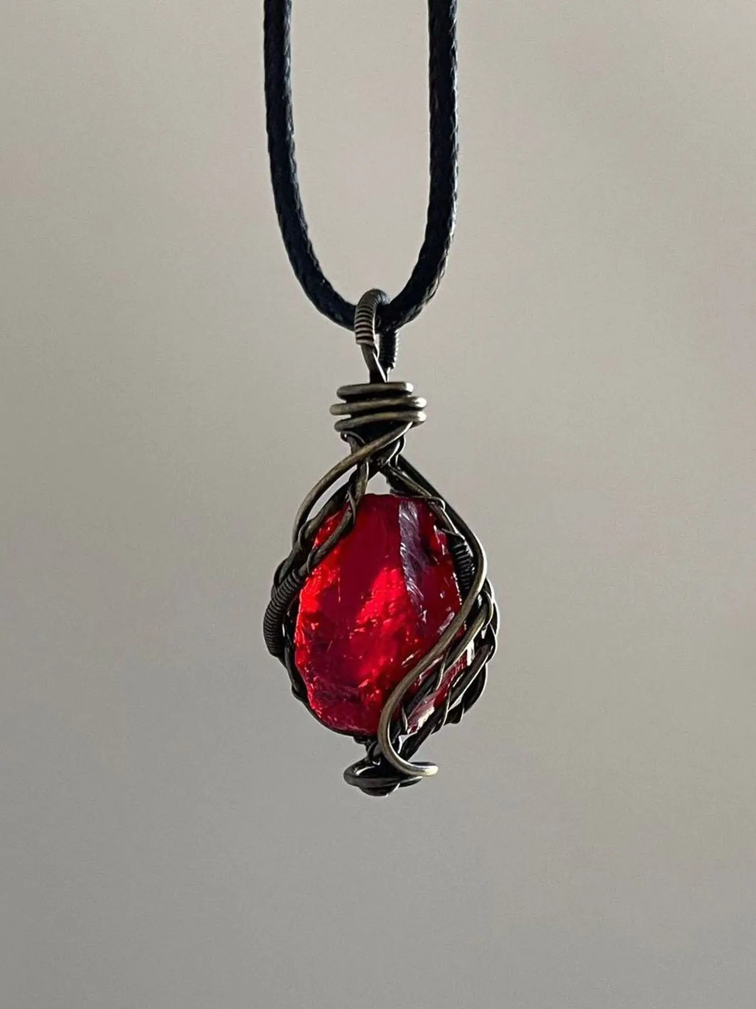 Handmade Synthetic Garnet Pendant, Vintage Aesthetic Bronze Wire Craft, Bohemian Chic Pendant, Bohemian Crystal Necklace, Healing Crystal Jewelry, Elegant Gift for Her, Pendants For Necklaces