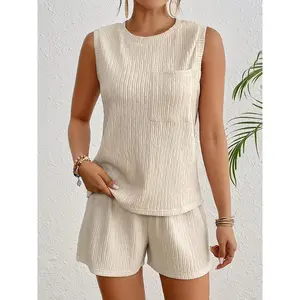 [Summer Outfit Set] Breathable Polyester Blend Summer Outfit Set - Elegant Women's Sleeveless Crew Neck Top & Machine Washable, Beach Set, Casual Vacation Clothes Womenswear Knit Solid compression shirts gym shirts Suits Gamis