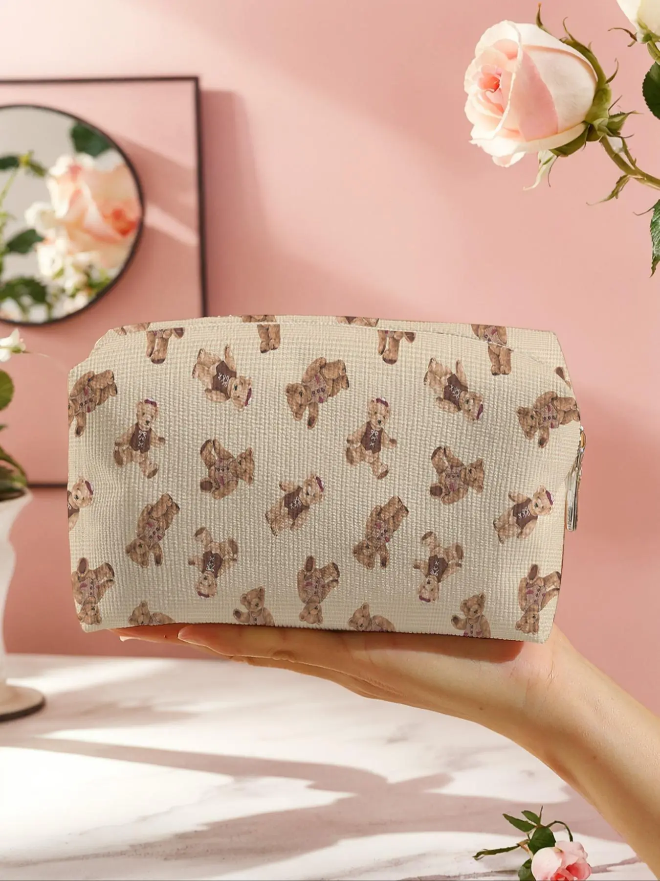 Bear Pattern Makeup Bag, Large Capacity Cosmetic Storage Bag, Foldable Makeup Organizer Pouch, Versatile Storage Bag for Travel & Daily Use, Travel Cosmetic Bags