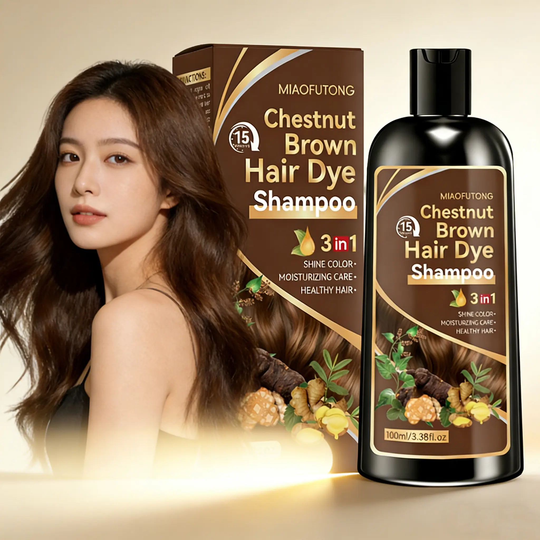 100ml Chestnut Brown Hair Dye Shampoo (Gray Coverage). Ginseng extract 3-in-1 formula: mild, long-lasting color, Nourishing Care, nourishes & repairs dry/damaged hair. Salon-grade herbal care, at-home use, for men & women in autumn & winter. Haircare