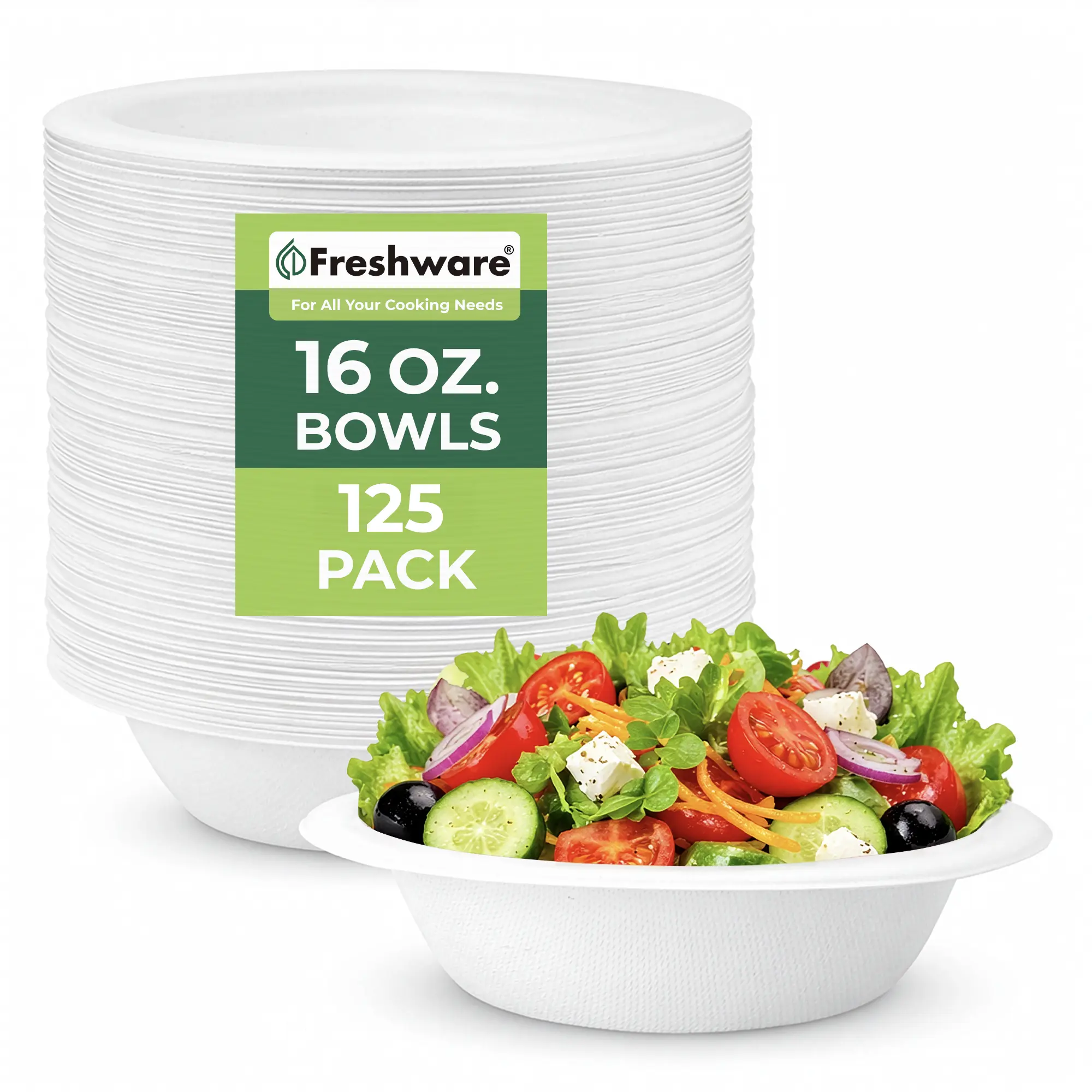 FRESHWARE 16oz Round Disposable Sturdy Solid Bamboo Bagasse Bowls (125 Pieces Bulk Pack) - Heavy-Duty, Leak-Proof, Microwave-Safe, Freezer-Safe, Eco-Friendly for Ceremony, Baby Shower, Wedding