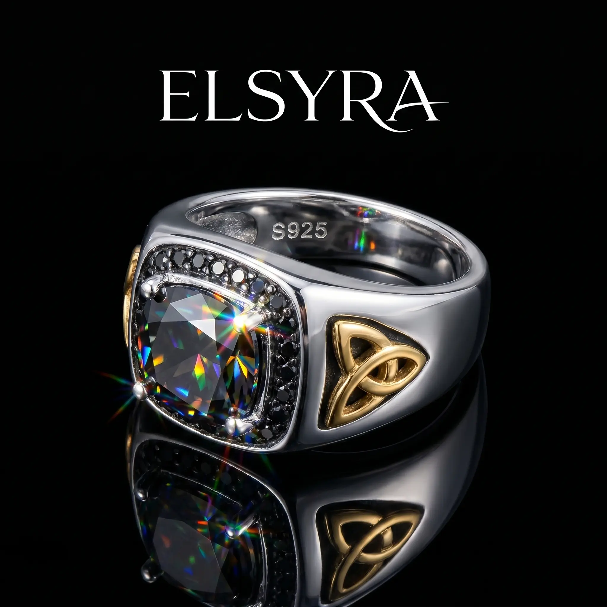S925 Sterling Silver Unisex Adult Male Elegant Ring - Black Square Cut Cubic Zirconia, Celtic Knot Detail, Hypoallergenic, 2-Tone Golden Accent, Engagement/Wedding/Business Band, Ideal Gift