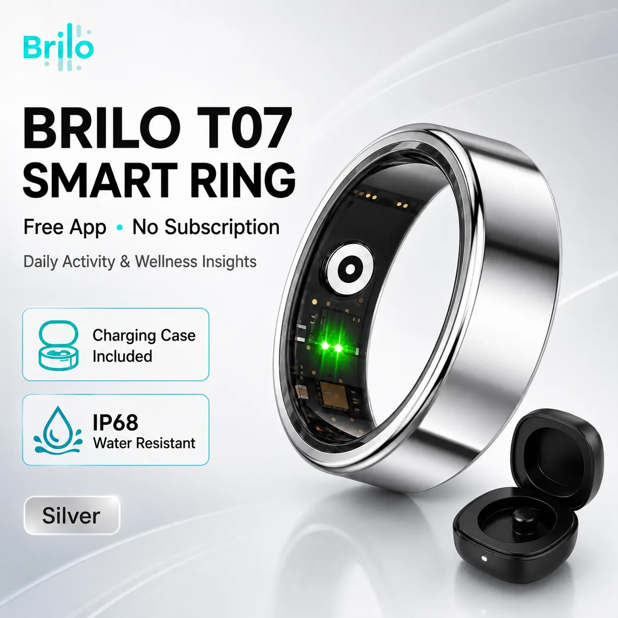 BRILO T07 Titanium Smart Ring - Smart Wearable Device, Cordless Fitness Tracker with Activity & Sleep Insights, Waterproof Design, Batteries Included, Figure Monitoring, Charging Case, Free App, Smart Wearable Devices, Wearable Tech