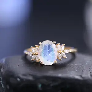 Oval 8x10mm Cluster Milky Blue Moonstone  Engagement Ring 925 Sterling Silver Olive Branch Rings For Women GB