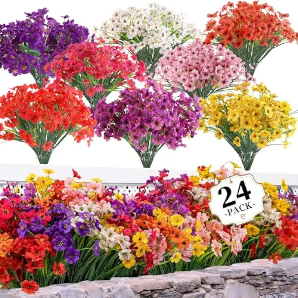 8-Color Mixed Colors Artificial Floral Ornaments Bundle Set (24pcs/set) - UV Resistant, Flexible Branches Decorative Bouquet for Home, Garden Decor, Mix Colors, Flower
