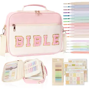 Bible Cover Case for Women Bible Study Supplies Large Preppy Chenille Pink Leather Bible Carrying Tote Bag Letter Bible Case Christmas Christian Gifts for Women Girls