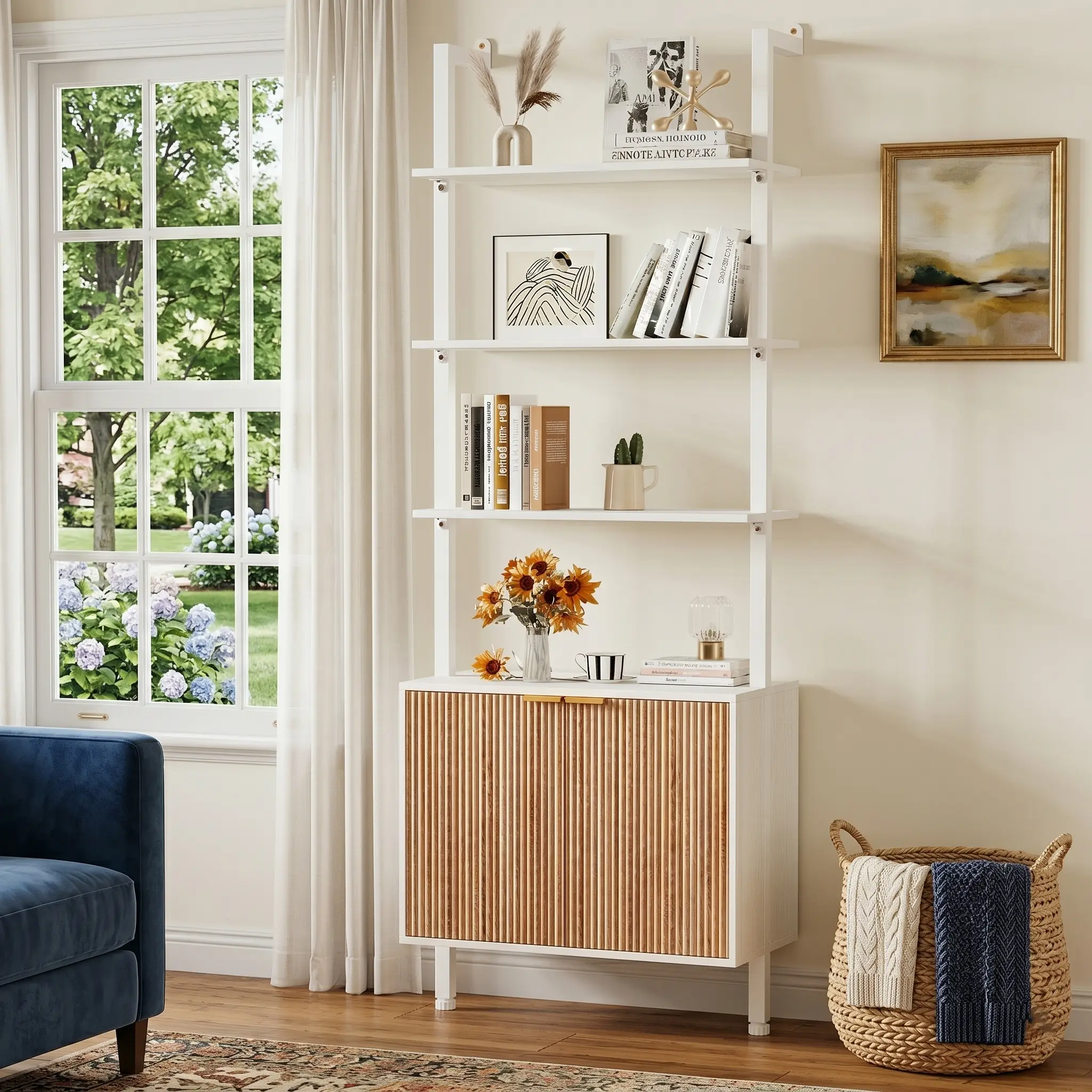Aesthetic 74" Tall Ladder Bookshelf with Fluted Storage Cabinet, Modern Display Shelf Room Decor for Living Room & Bedroom