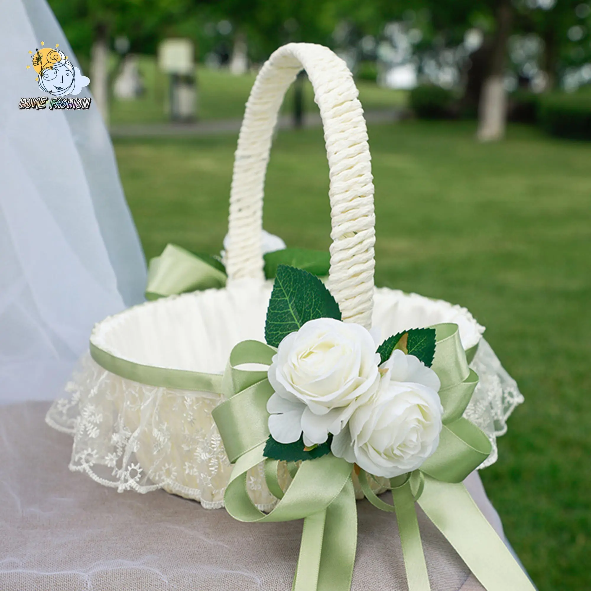 Wedding Flower Girl Baskets Elegant Pearl Lace Tassel Design White Wedding Basket Real Touch Norfolk Pine Garland Marry Party