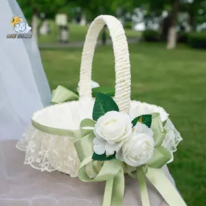 Wedding Flower Girl Baskets Elegant Pearl Lace Tassel Design White Wedding Basket Real Touch Norfolk Pine Garland Marry Party