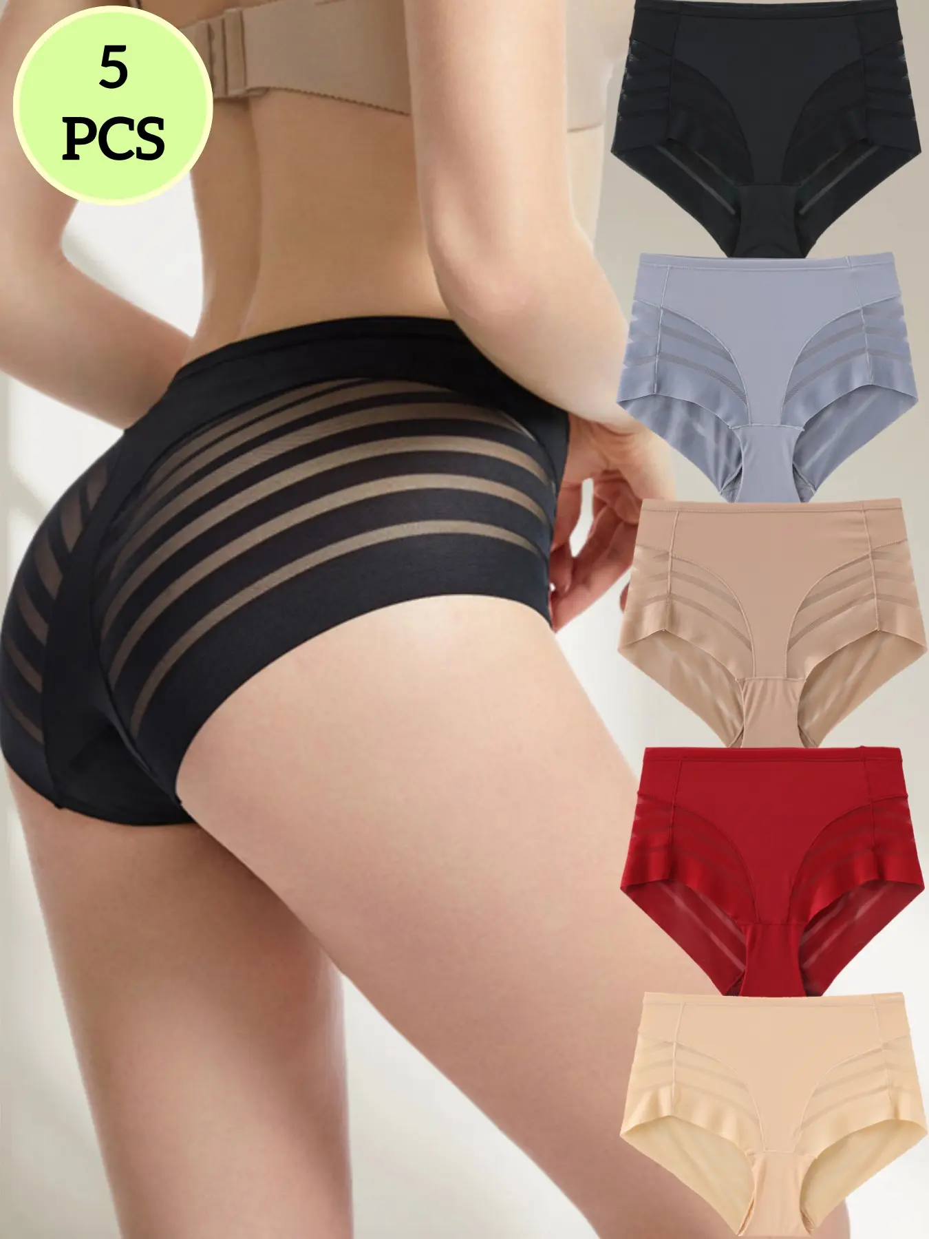 5-Pack Mid-Waist Shapewear Panties, Seamless Undergarment, Breathable Comfy Innerwear, Breathable Panty, Multiple Colors, Lace Smooth Breathable Comfort, Fashion Chic Elegant Simple Design, All Seasons Wear