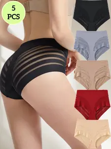 5-Pack Seamless Mid-Waist Shapewear Panties, Multiple Colors, Lace Smooth Breathable Comfort, Fashion Chic Elegant Simple Design, All Seasons Wear