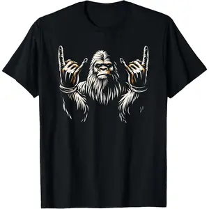 Bigfoot Rock On Sasquatch Rock and Roll Funny Rocker Graphic T-Shirt