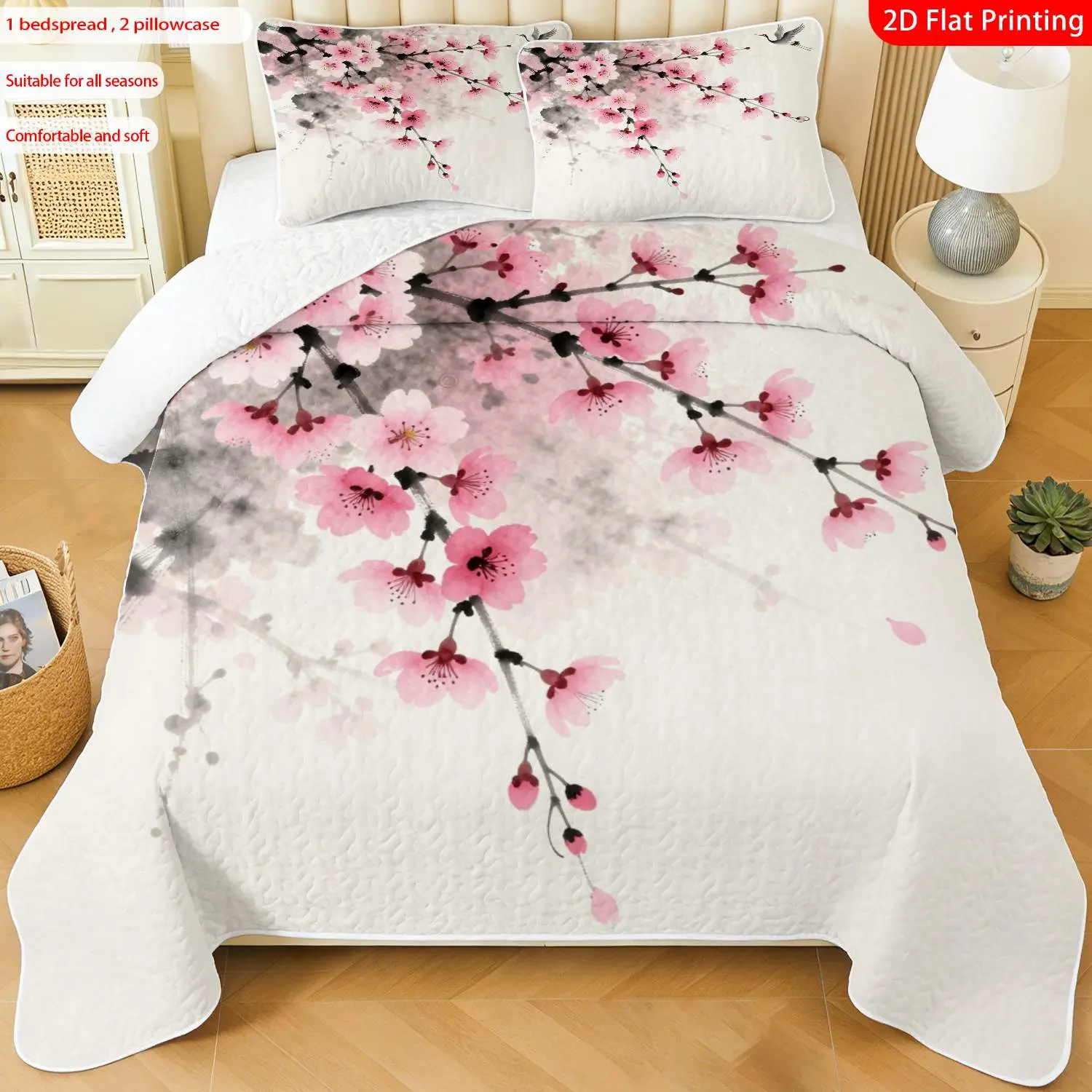 3pcs, 2D flat print Chinese ink painting style Bedspread Set, cherry blossom crane theme, multiple sizes available, bedding set, festive decorative bedding, ideal for bedroom décor(1 bedspread , 2 pillowcase)