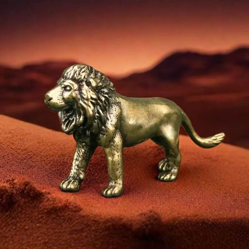 Brave Lion Brass Figurine Office Desk Decor, Vintage Copper Craft Tea Pet, Antiqued Bronze Art Collectible, Decorative Piece, Home & Office Ornament, Collectible Figurines, Western Decor, Animal Figurines
