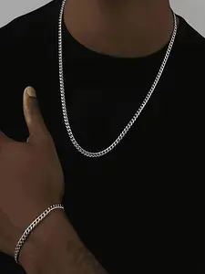 2pcs/Set Stainless Steel Chain, Punk Fashion Necklace Bracelet Set For Men, Personalized Accessories, Non-Fading, Durable Material, Perfect For Halloween Fathers Day Gift School Jewelry Men Y2k Accessories Goth Men's Chains Jeans Accessories