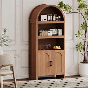 Garvee 71" Tall Bookshelf Arched Cabinet with Storage, Mid-Century Bookcase Modern Wooden Kitchen Pantry Display Storage Cabinet with Open Adjustable Shelves for Living Room Home Office