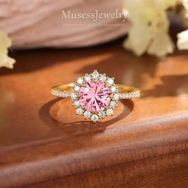 Round Pink Sapphire Engagement Ring, Floral Halo Cluster Design