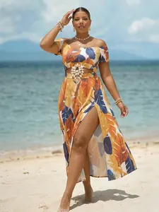 Plus Size Tropical Leaf Print Off Shoulder Maxi Dress | Cutout Waist Split Long Dresses for Summer Vacation