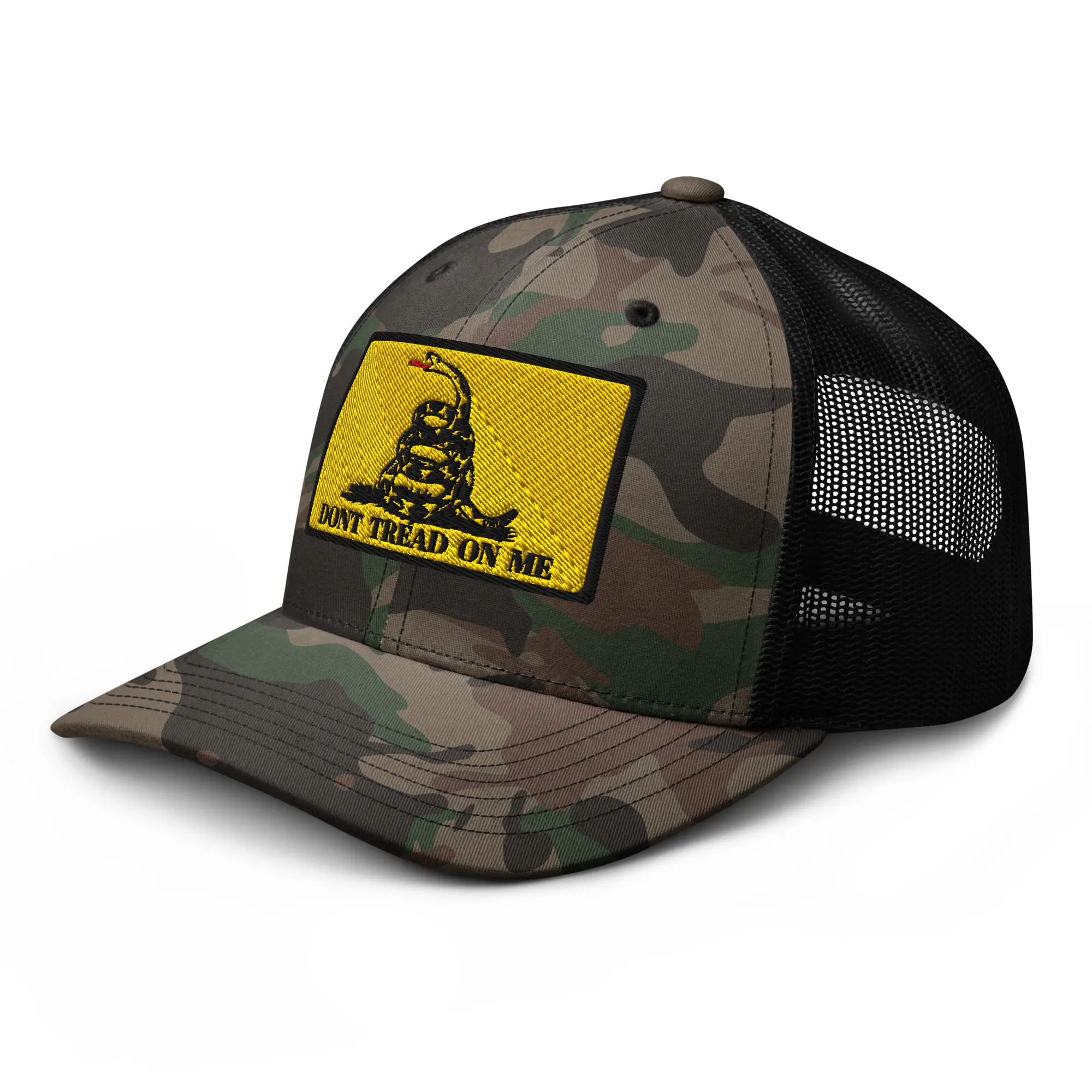 RIVEMUG NX Camo Gadsden Flag Don't Tread On Me Embroidered Curved Bill Camouflage Trucker Hat Low Crown Adjustable Cap