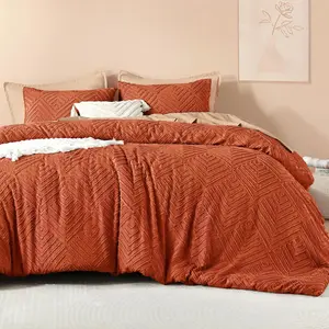 Burnt Orange Queen Comforter, 3 Terracotta Tufted Boho Farmhouse Comforter Sets, Lightweight Fluffy Comforter for (90x90In Comforter and 2 Pillowcases)