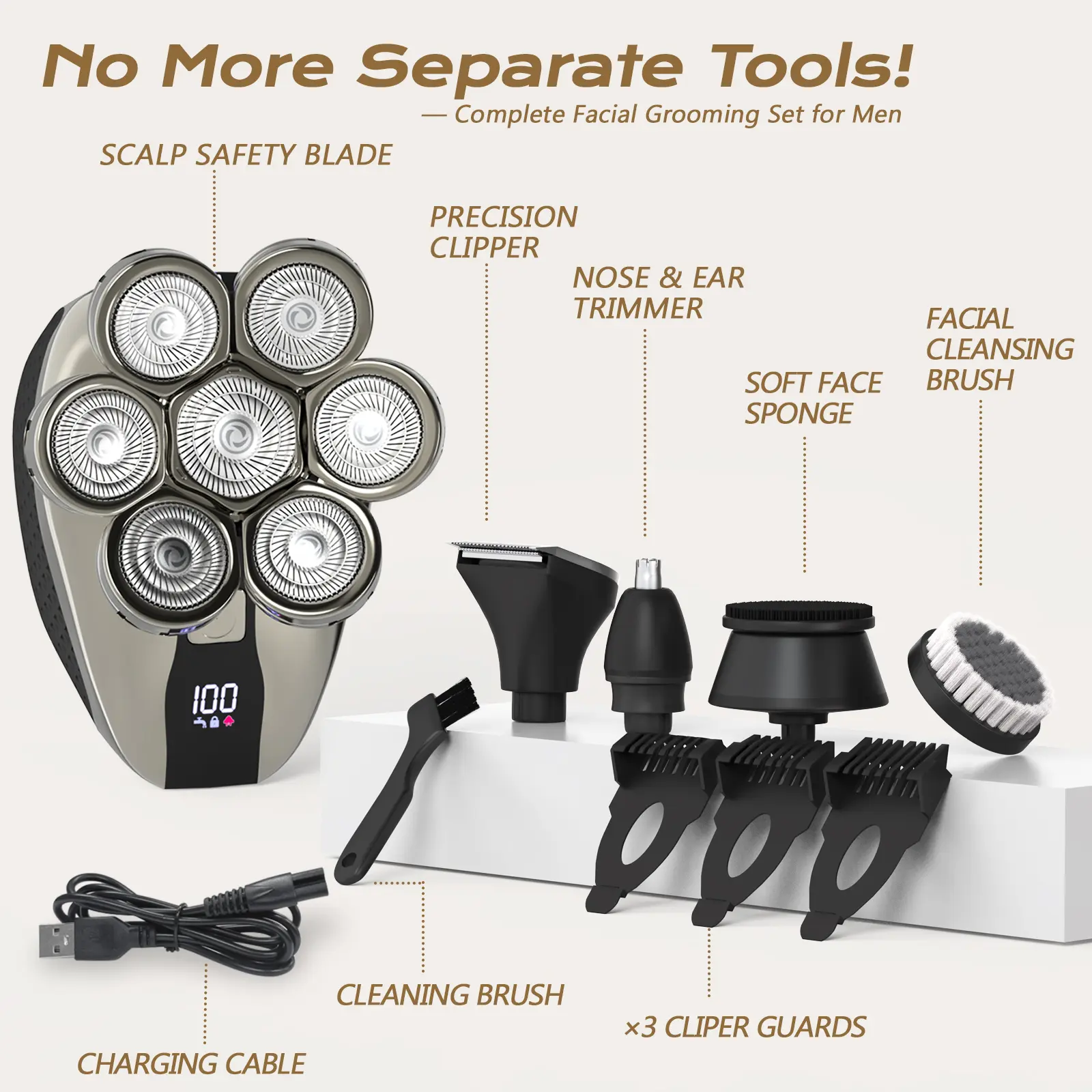 TOGBEUT 5-in-1 Electric Razor for Bald Men IPX7 Waterproof Shaving Grooming Kit with 7D Floating Blades LED Display Rechargeable Shaver