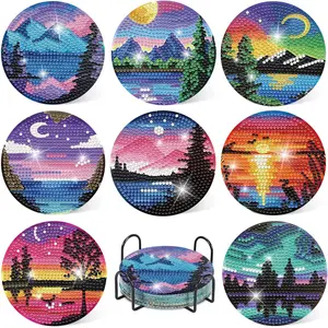 8 Pcs Diamond Art Coasters Kits with Holder, Landscape DIY Diamond Paintings Coaster Kits,Scenery Full Drill Rhinestone Painting Kits for Adults Beginners Art Craft Supplie for Tabletop Protection.