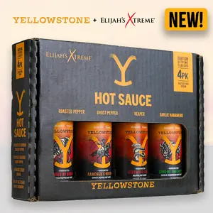 Elijah's Xtreme + Yellowstone Hot Sauce Variety Pack 4 Bottle Gift Set with Garlic Habanero, Ghost Pepper, Carolina Reaper, & Roasted Jalapeno, Vegan Gluten-Free Cowboy-Inspired Heat for BBQ Tacos Wings & Flavor