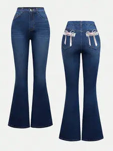 Women's Vintage High Waist Denim Jeans, Stretchy Slim Fit Jeans with Back Bow Tie & Side Pocket Design, Casual Fashion Bottoms