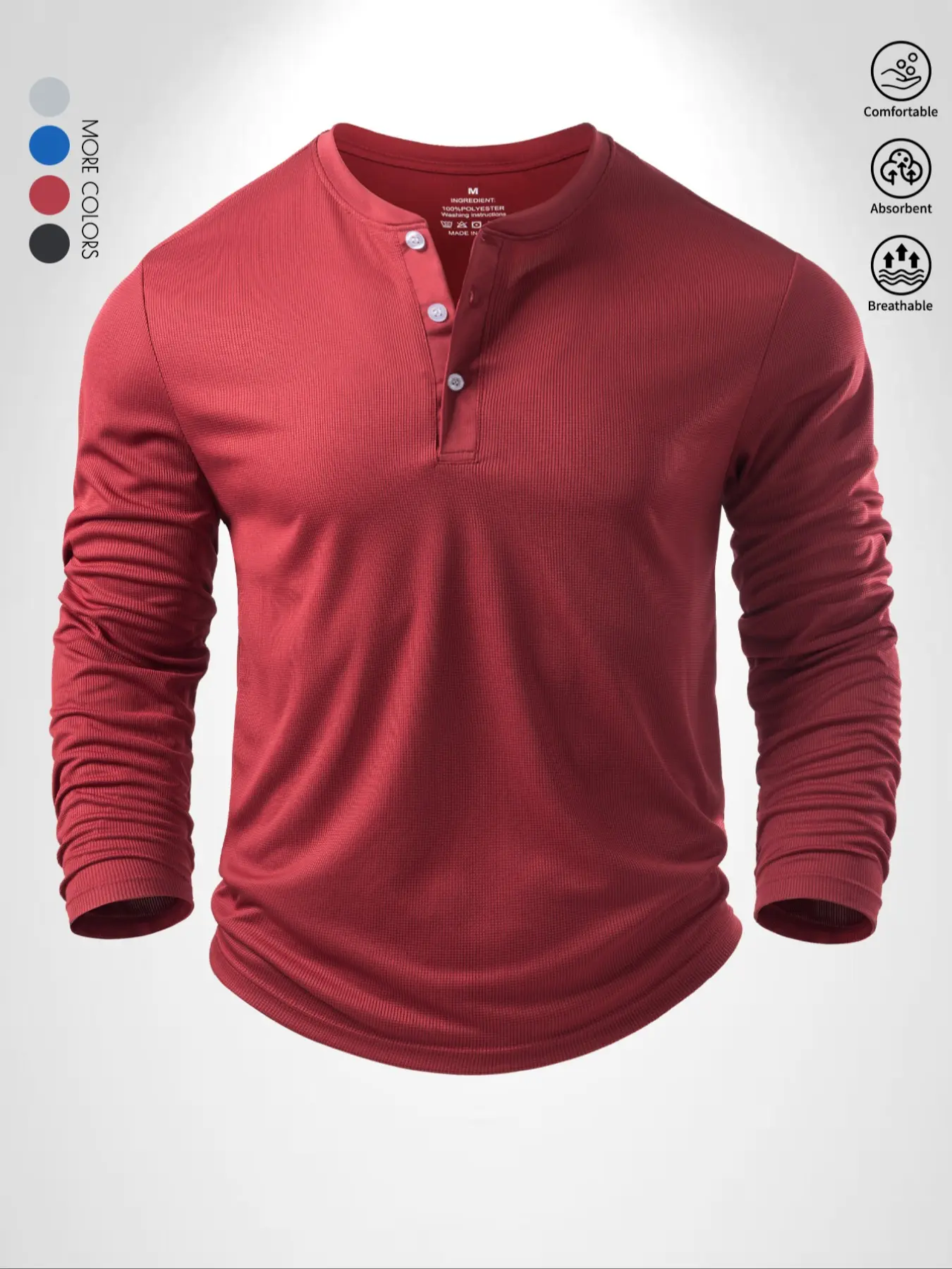 Men's Fall Winter Long Sleeve Sport Shirt, Athletic Sports Clothing, Athletic Shirts, Casual Comfortable Round Neck Henley, Adjustable Collar, Multiple Colors Available, Athletic Style Shirt, Active Sportswear, Athletic Top