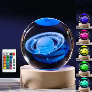 3D Saturn Crystal Ball with LED Colorful Lighting Touch Base Remote Control Saturn Decor Science Astronomy Gifts God Bless The World Easter Religious Space Gifts Decor
