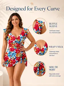 Girlsnufit Women's Plus Size Floral Skirted 1-Piece Swimsuit - Ruffle Sleeve, V-Neck Wrap, Tummy Control, Ruched Swim Dress, Plus Size Fashion, Breathable Jersey Spandex, Polyester Spandex Jersey, Machine Washable, 2XL, 3XL, Adjustable Beach Cover-Up