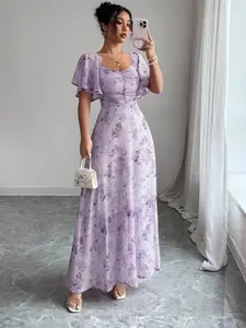 Summer New Arrival European and American Style Printed Butterfly Floral Ruffle Sleeve Slim Fit Dress with Lining, Elegant Cross-Border Export Clothing