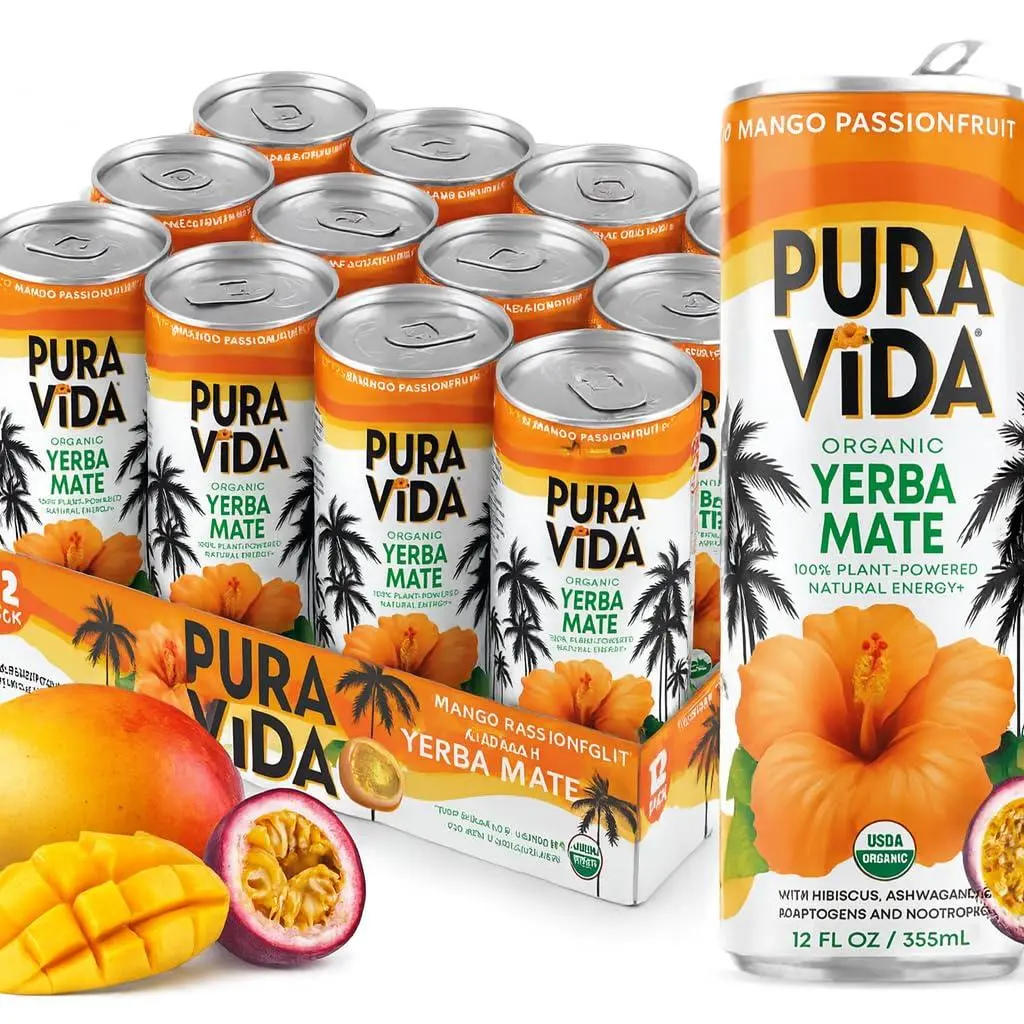 Pura Vida Yerba Mate Mango Passionfruit Drink – Pack of 12 | Organic Natural Caffeine Energy Drink - Adaptogens & Nootropics for Mental Clarity & Immune Support - Vegan Flavored Beverage - Ideal for Game Day, Pre Workout & Daily Energy Boost
