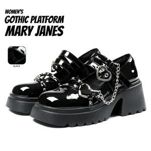 Womens Mary Jane Shoes Gothic Platform Pumps Round Toe Chunky Block Heel Heart Adjustable Buckle Strap Metallic Chain Wedge Comfy Combat Rave Punk Rivets Easy Slip on Party Cosplay Work Casual Summer Dress Goth Shoe