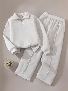 Girls' 2-Piece Fleece-Lined Casual Set, Zipper Design Long Sleeve Sweatshirt & Elastic Waist Sweatpants, Warm Comfortable Fall Winter, Fashion Clothes Set