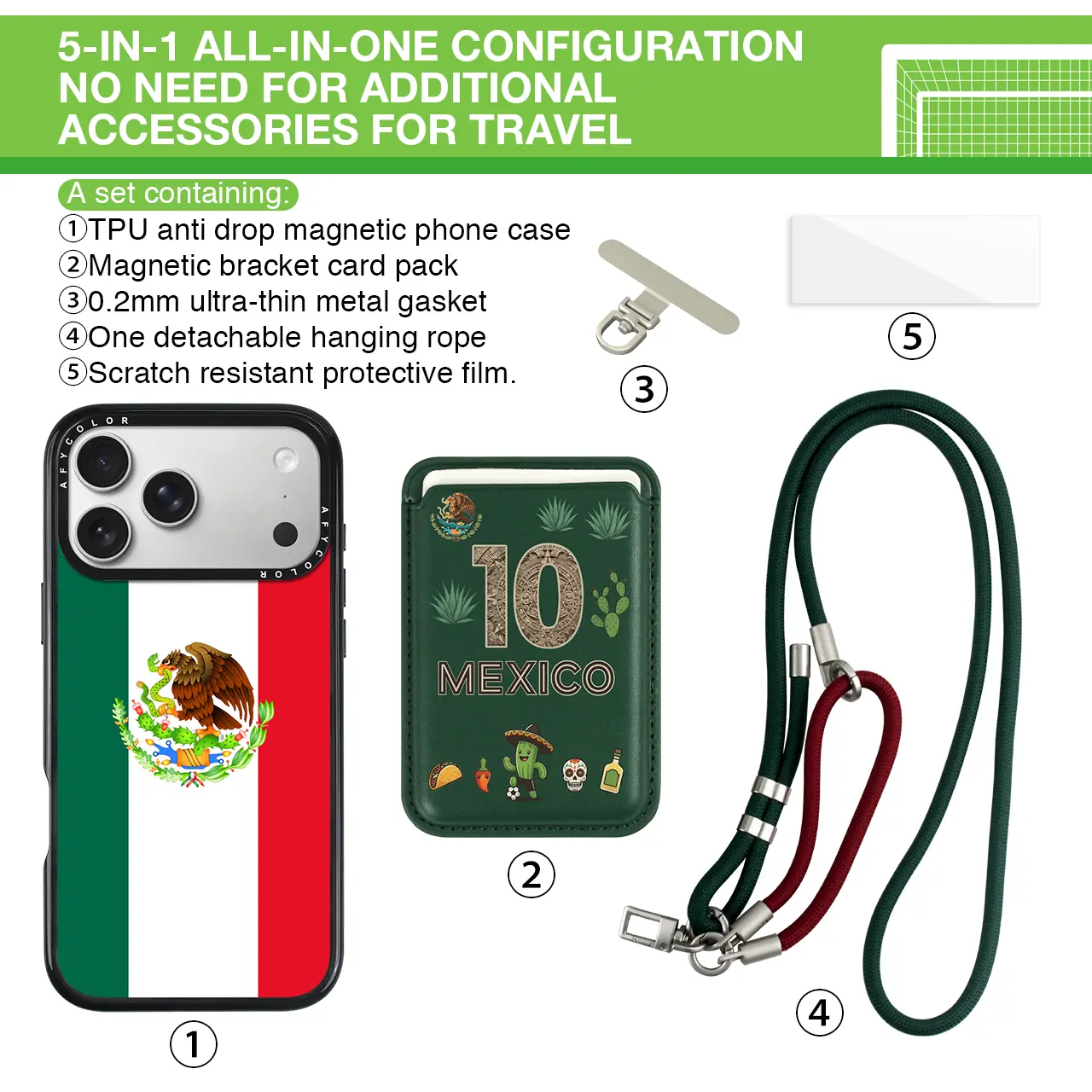 【AFYCOLOR】5-In-1 Phone Case Set: Includes A Shock-Resistant Magnetic TPU Case, An A-frame Magnetic Stand/Card Holder, A 0.2mm Ultra-Thin Metal Plate, A Detachable 2-in-1 Lanyard, And A Scratch-Resistant Protective Film.